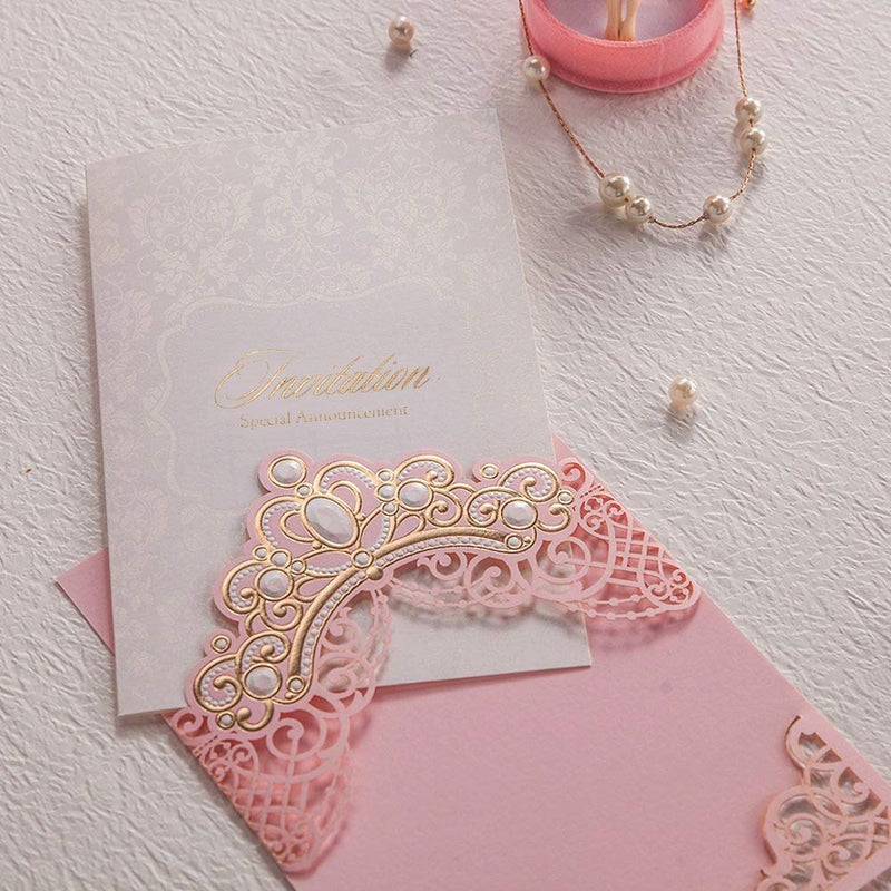 Hosmsua 50PCS Blank Pink Quinceanera Invitations Kit 5x7.3 Inch Laser Cut Floral Gold Crown Pocket Quinceanera Invitation Cards with Envelopes for Birthday Bridal Shower Invite - Image 4